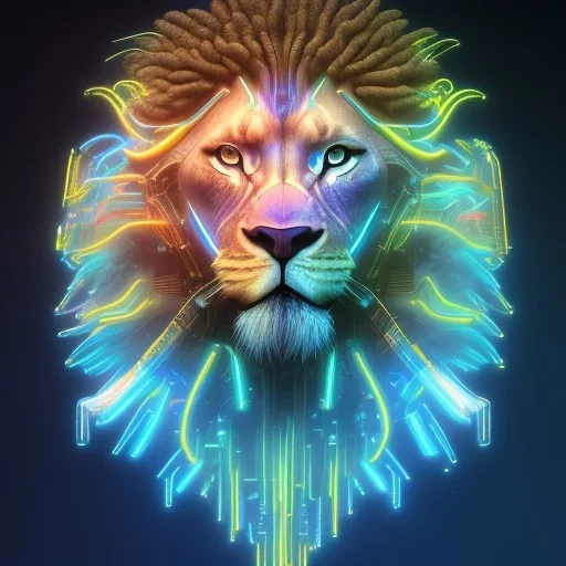 A beautiful portrait of a cyborg lion blue neon color scheme, high key lighting, volumetric light high details psychedelic background