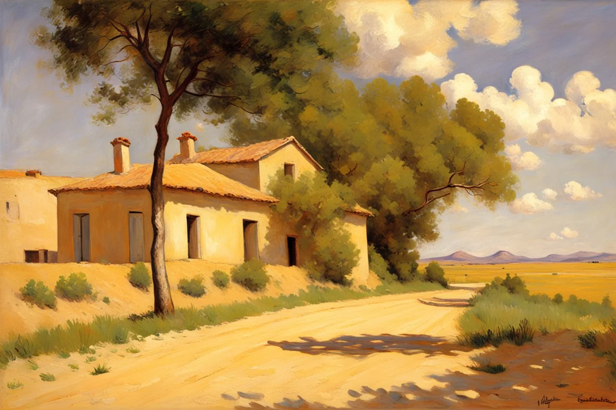 sunny day, clouds, rocks, trees, mountains, countryside, dirt road, adobe old house, gustave caillebotte and pieter franciscus dierckx impressionism paintings