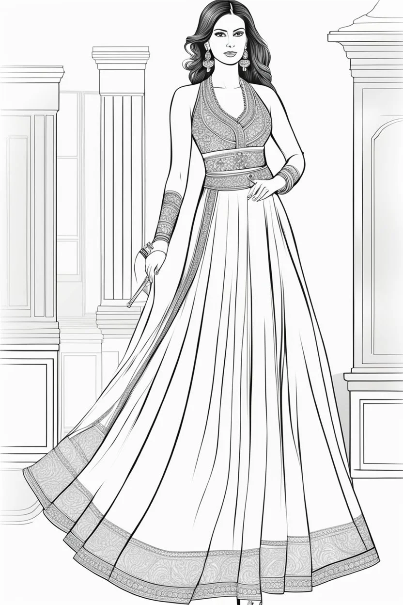 Coloring page for adults of a elegant fashion model woman wearing hindi dress, dynamic poses, full body portrait, thick and clean lines, clean details, no-color, no-turban, no-background, non color, non shading, no-grayscale, dynamic poses, full body portrait, thick and clean lines, clean details, no-color, no-turban, , non background, non color, non shading, no-grayscale, no color hair