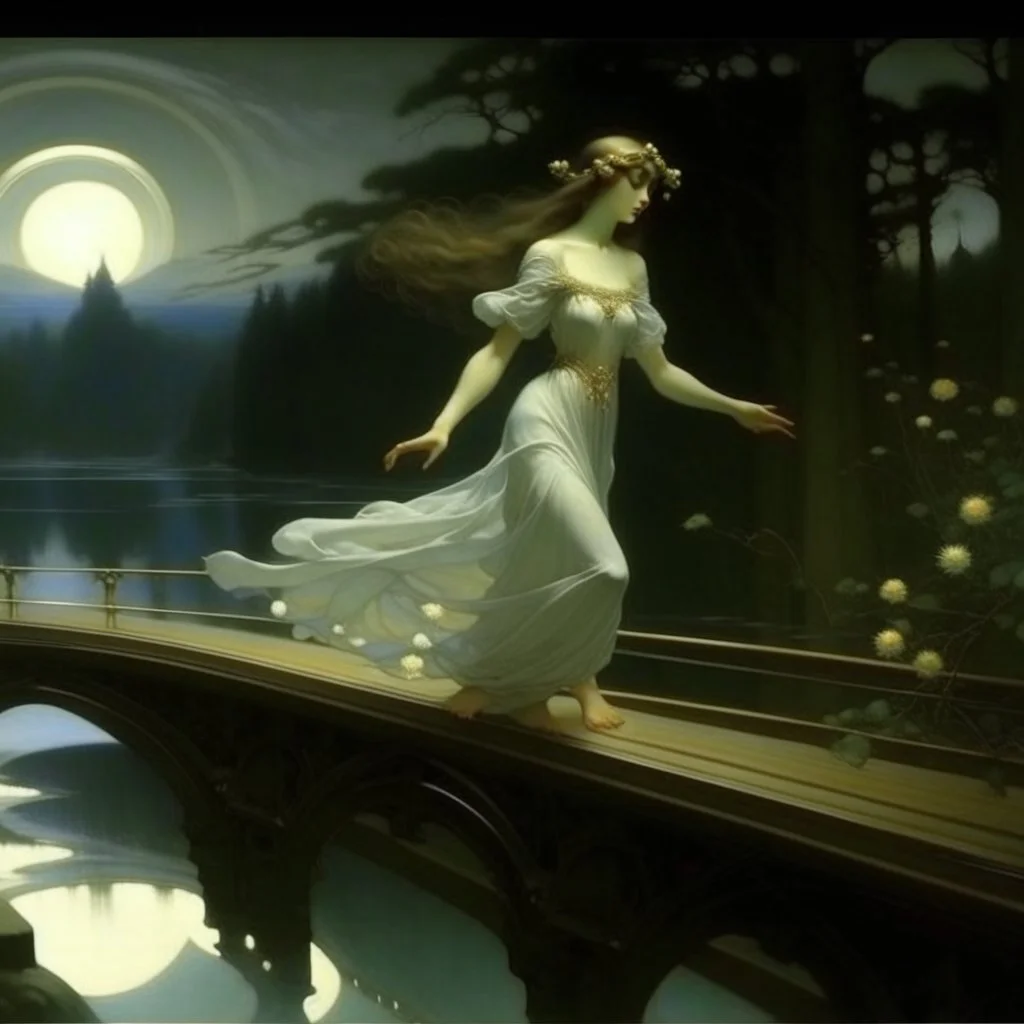 THE GHOST IS STILL DANCING AT NIGHT ON THE OLD COUNTRY BRIDGE. Alphonse Mucha