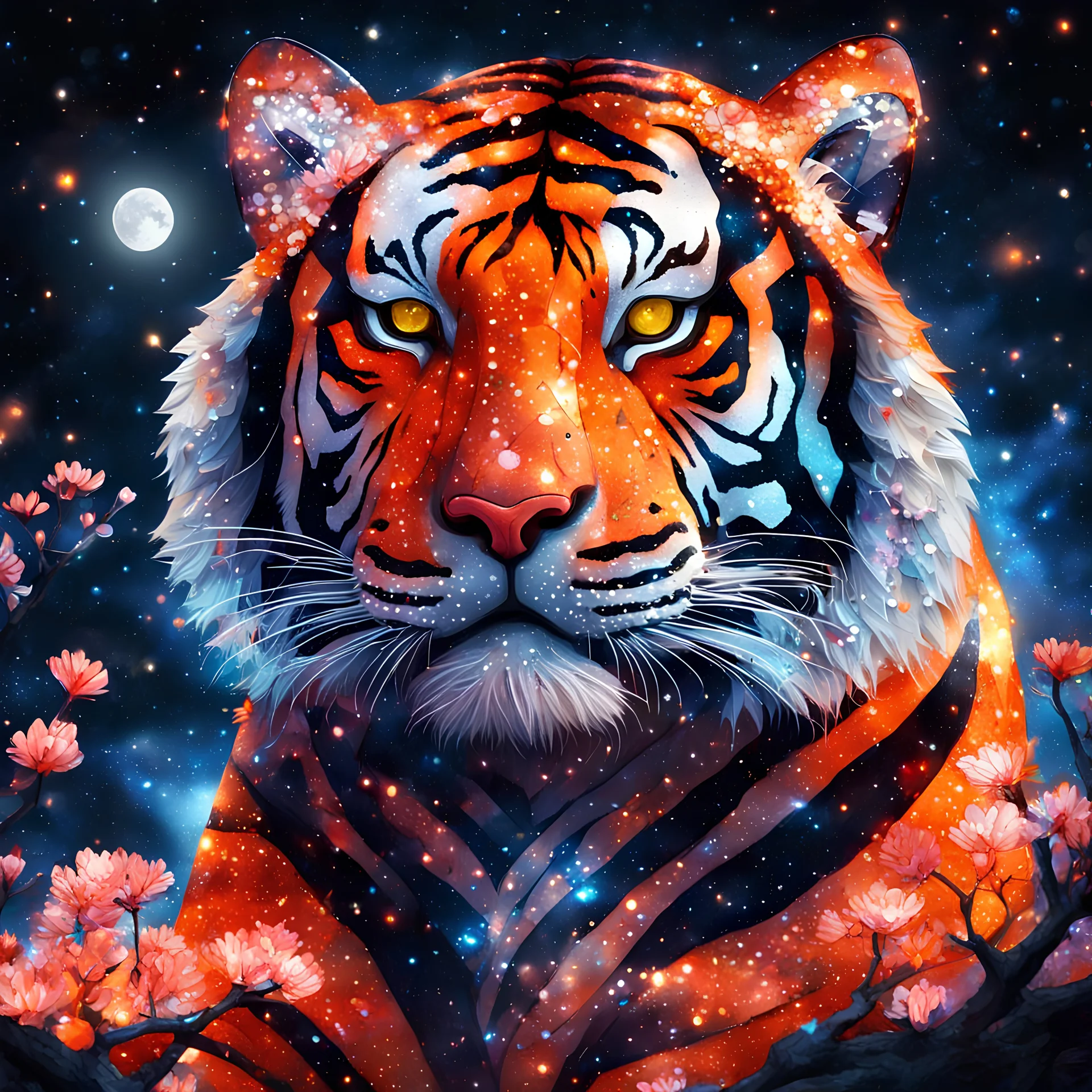Close up of a TIGER made of bright orange and black crystals and stained glass in a double exposure with galactic cosmic background and a glowing sakura tree in the moonlight, night starry sky, the moon light on the TIGER like a spotlight, fire and water particles in air, digital painting, sharp focus, high contrast, bright vibrant colors, cinematic masterpiece, shallow depth of field, bokeh, sparks, glitter, 16k resolution, photorealistic, intricate details, dramatic natural lighting