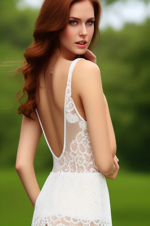 full shot body of Woman portrait with fairly pale skin , green eyes, long auburn hair, and wearing a pretty lace dress . Her outfit is a sexy dress , nice sport shoes. country side ,small lake with a hose in side,