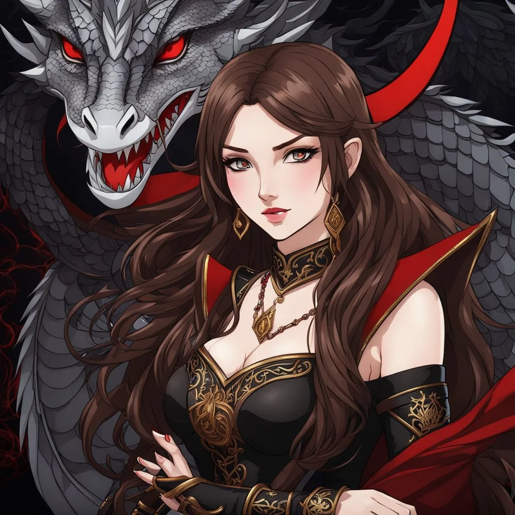 Icon or avatar. An arrogant looking young woman with pale skin and long brown hair in a fantasy setting with intricate details. She is smirking, wearing black and read leather, has red eyes, an air of malevolent power surrounds her. There is a dragon flying in the background. Anime style. High definition.