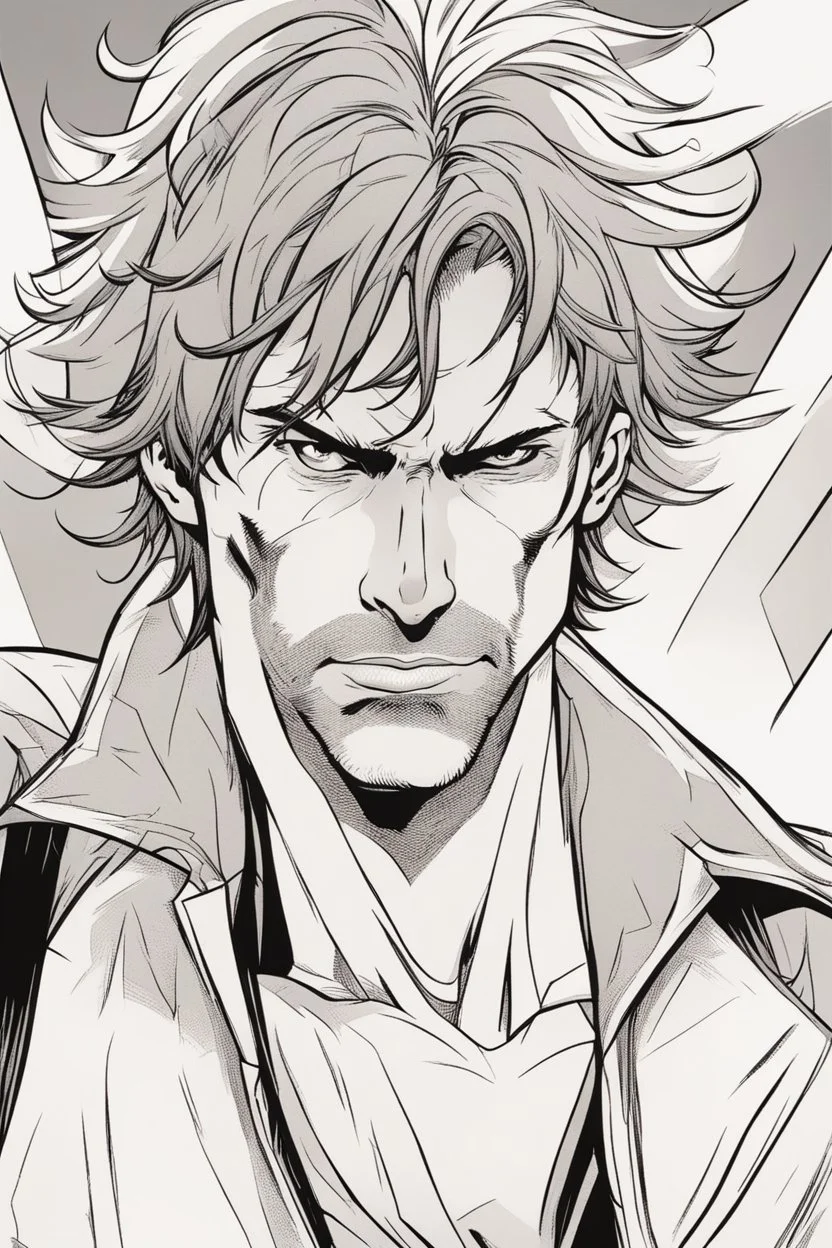 man with scruffy hair, stubble and a judgmental look on his face comic book style