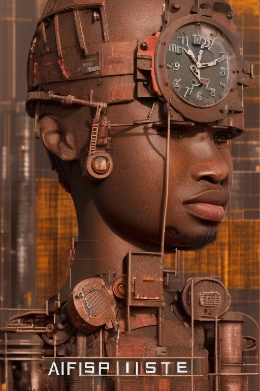 african portrait in rusted clocks, clock face, rust, scaffolding, ghana colours, cyberpunk, high detail