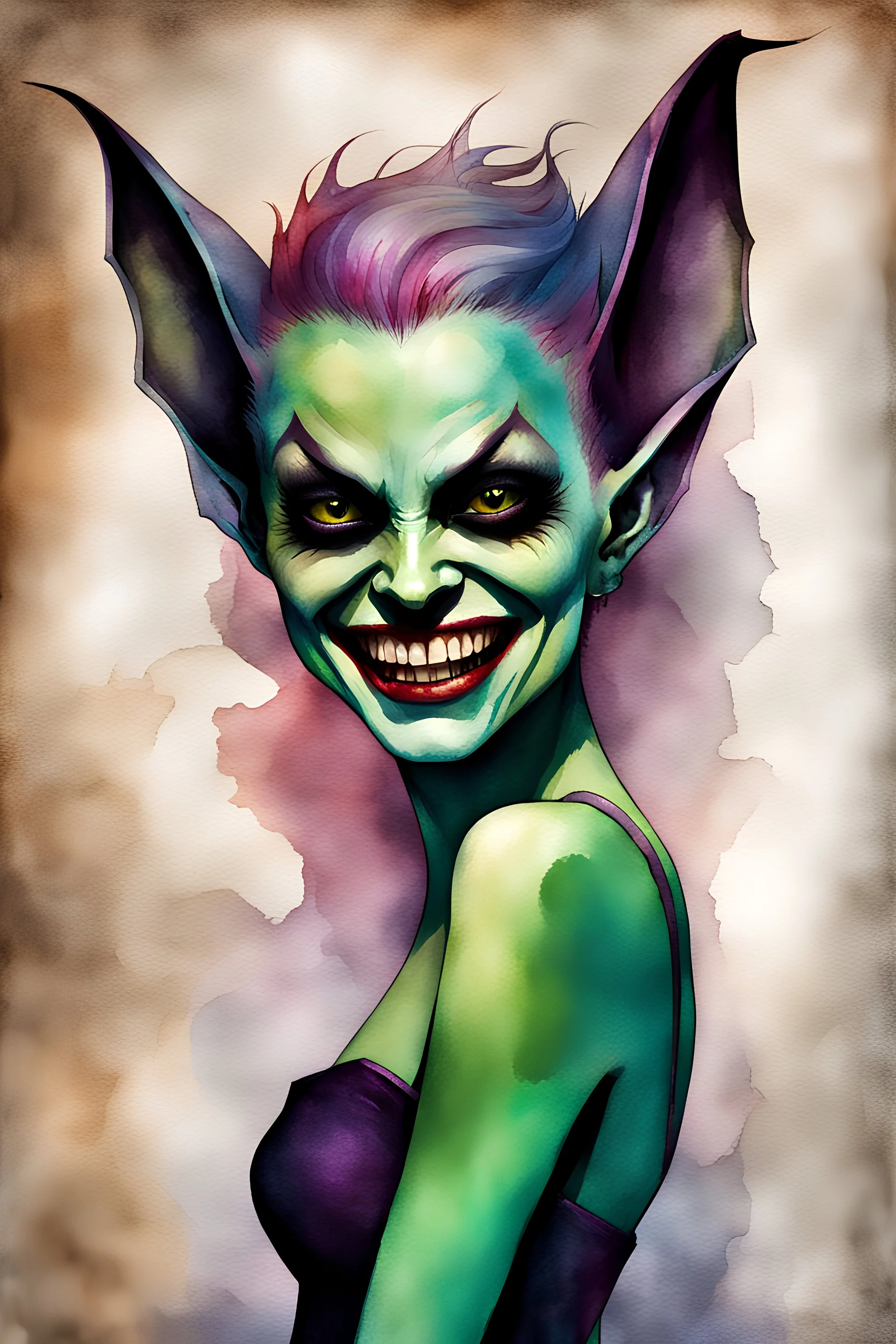 a multicolored, watercolor stained, wall in the background, inspired by all the works of art in the world - laughing - Millie "The Bat" Miller, an extremely tiny, thin, voluptuous beautiful Bat-faced vampire werewolf zombie female with a emerald mohawk, full body image, wearing a skinsuit, Absolute Reality, Reality engine, Realistic stock photo 1080p, 32k UHD, Hyper realistic, photorealistic, well-shaped, perfect figure,