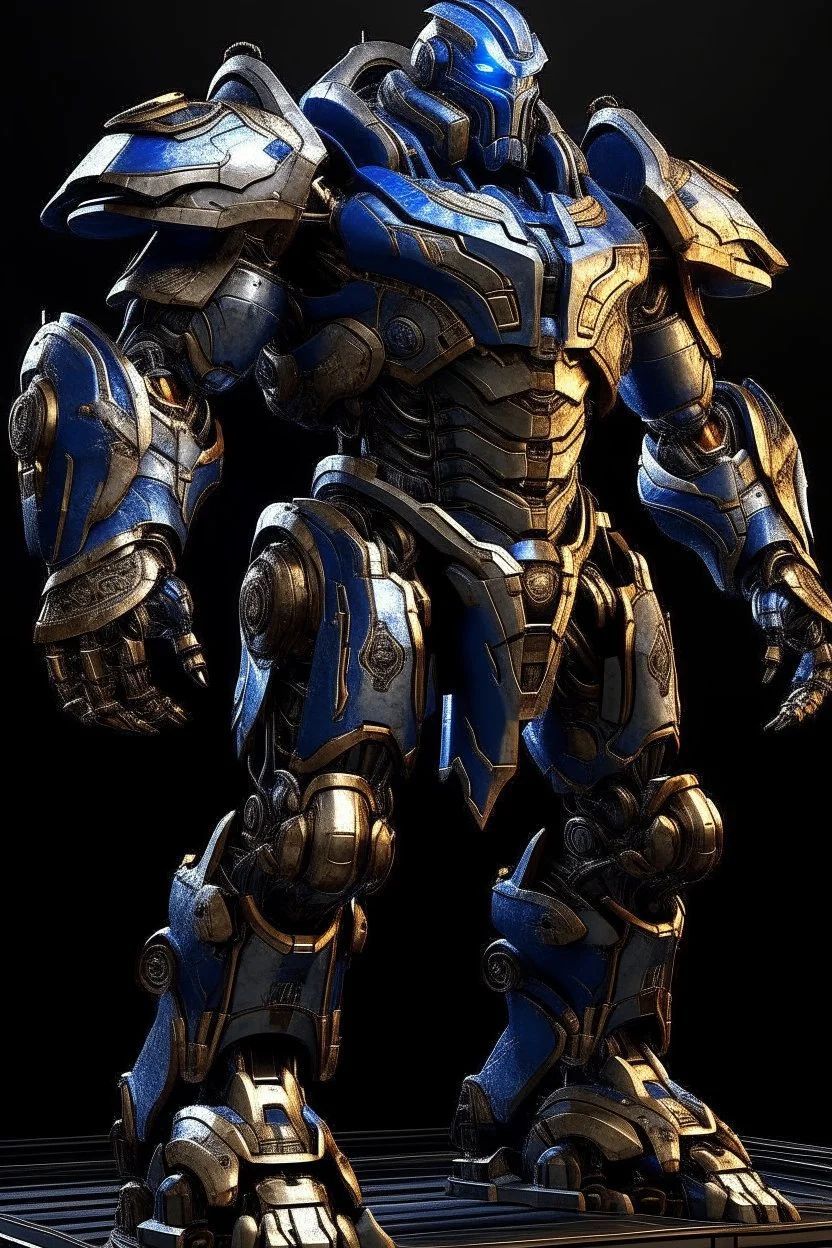 Ironclad stands at an imposing 8 feet tall and is heavily armored with a combination of sleek metallic plating and blue energy accents. Its body is adorned with a polished, reflective surface, giving it a distinct and imposing presence on the battlefield. His waist is snatched. His design is like Nullsector from Overwatch