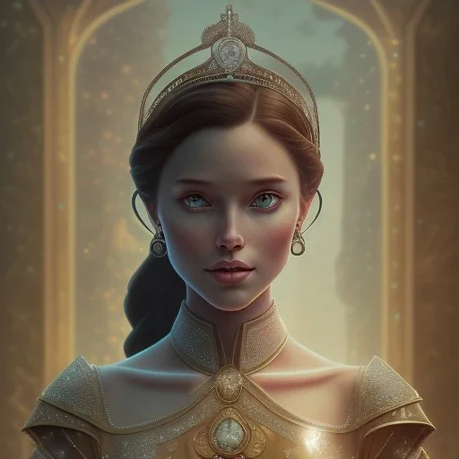 Portrait of Guinevere with crown and mid-12th century elegant apparel.extremely detailed face,crystal clear Big eyes,perfectly centered image,intricate detail.Diseney style, korra character style.and Kilian Eng art color