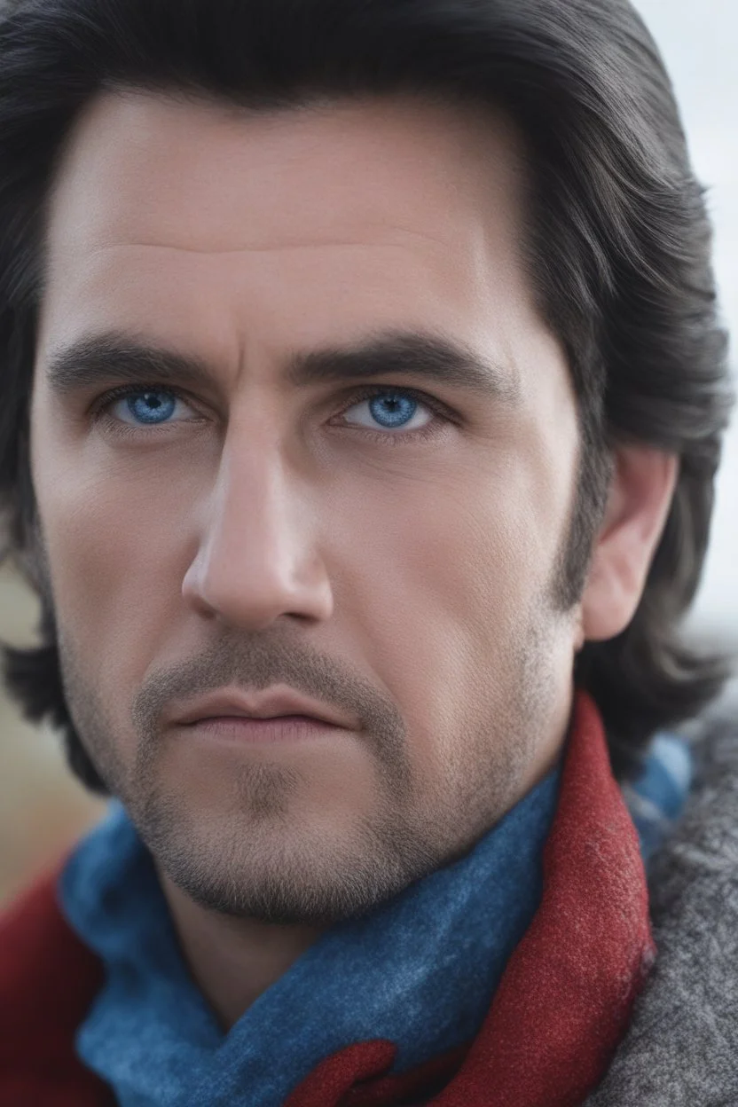 Blue eyes, close-up facial portrait - a Bright, well-lit UHD, 1080p 32k, photograph - winter time, hunting season, part Jesus Christ, part Elvis Presley with a mustache and short crew-cut hair, part Lee Majors, Part red and black checkered wool coat, blue jeans, cowboy boots, plaid shirt, sunbursts, crosses, 3D lighting, diamonds, hearts, Butterflies, Clovers, Roses, extremely colorful,