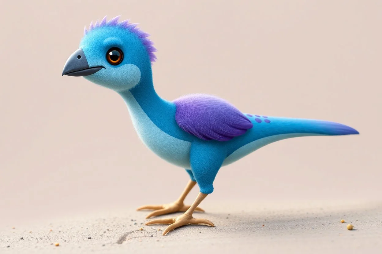 adorable blue and purple bird, elongated like a dino and fluffy like in an dreamlike animation, with a mole face, and no beak