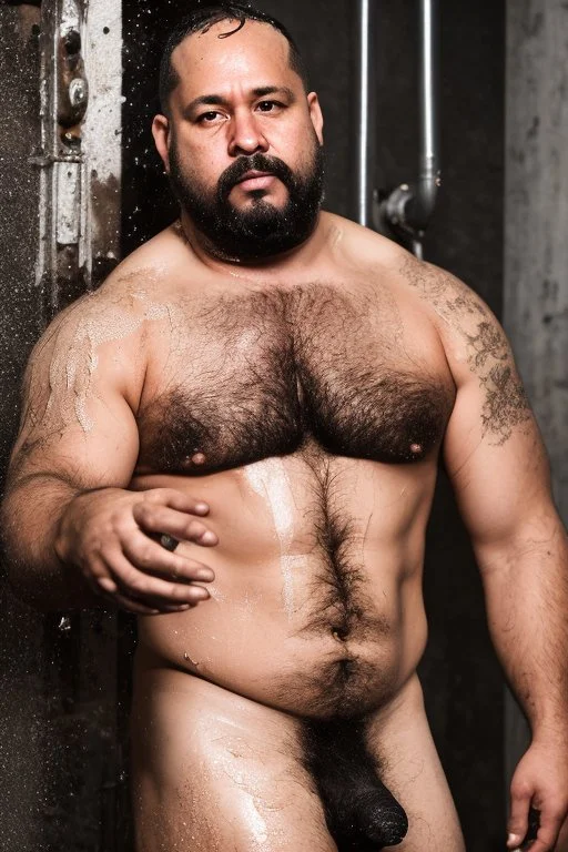 full figure shot 48 years old puertorican carpenter man hands behind the head , in an abandoned warehouse, serious, bearded burly chubby , serious eyes, shirtless under the shower, wet, dripping water, manly torso, photorealistic, 50mm photo, ambient occlusion , side view from the ground