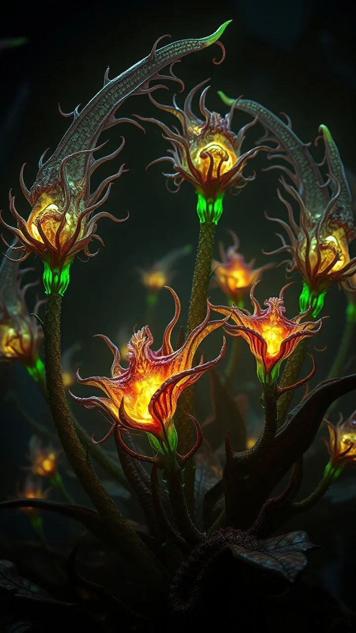 "3D HR Complex Unique and Beautiful Bioluminescent Carnivorous Plants, a breathtaking frontier fantasy artwork by Android Jones, Jean Baptiste monge, Alberto Seveso, Erin Hanson, Jeremy Mann. Minimalist highly detailed and complex professional_photography, masterpieces, 8k resolution concept art, Artstation, tricolor, Unreal Engine 5, cgsociety" Highly detailed ArtStation Concept Art Clear Focus Smooth cinematic 4K epic Details Serious Stoic ARTgerm AN's mature art. Bosch painting style,Busch
