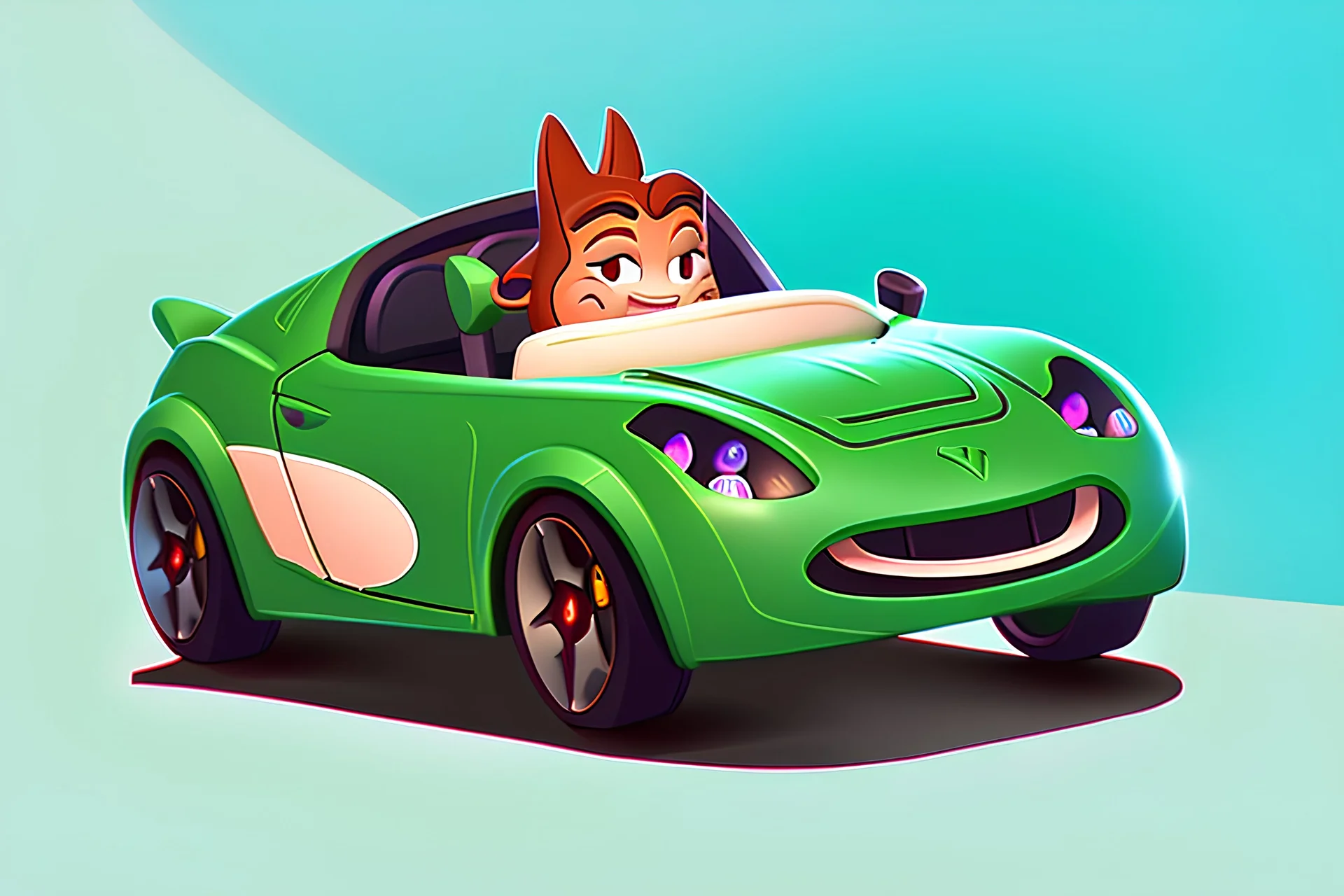 whimsical cartoony sports car with a small mascot character driving it, celshaded comic style, happy atmosphere