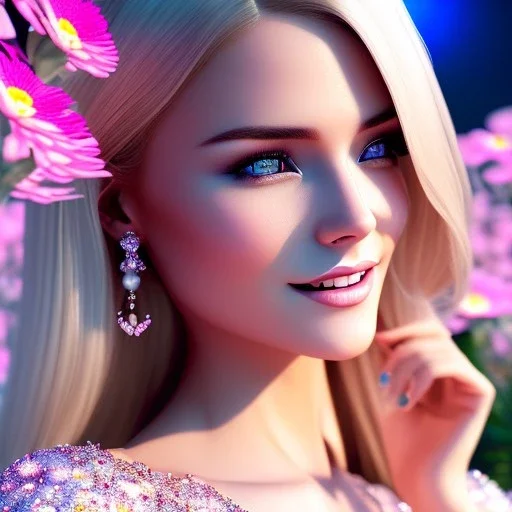 Full body Princess, sexy woman blondie, make up, beautiful smiling face,blue eyes, beautiful place,amazing, flowers, colors, blue and pink butterfly, realistic, photo real, stars night, detailed, high contrast, 8k high definition, unreal engine 5, extremely sharp detail, light effect, light background