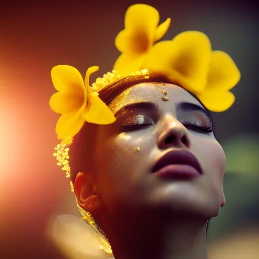 Lale Mansur underwater with yellow flowers for hair, closed eyes, rtx, reflection, 8k, glow, winning photography, caustics