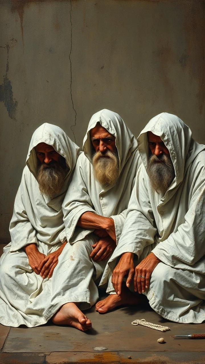 Bosch painting style, a 3 mentally ill men wearing dirty white robe sitting on the floor