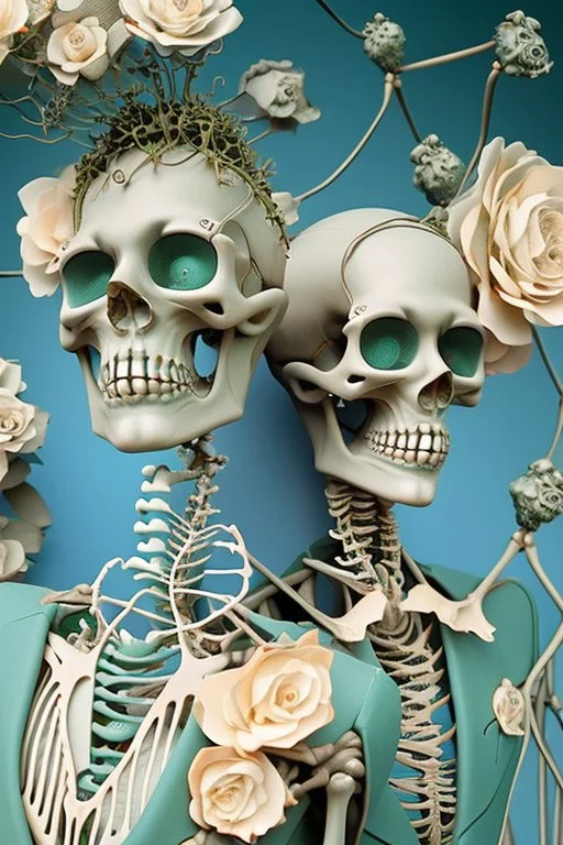 Surreal Couple Made Of Metal Skeletons With Flowering Vines Growing connecting the bones and wearing Blue Gray Green Striped Business Suits With Paisley Shirts And Ties; Surreal, Intricately Detailed, Beautiful, Colorful, award-winning, high definition, ultra-detailed