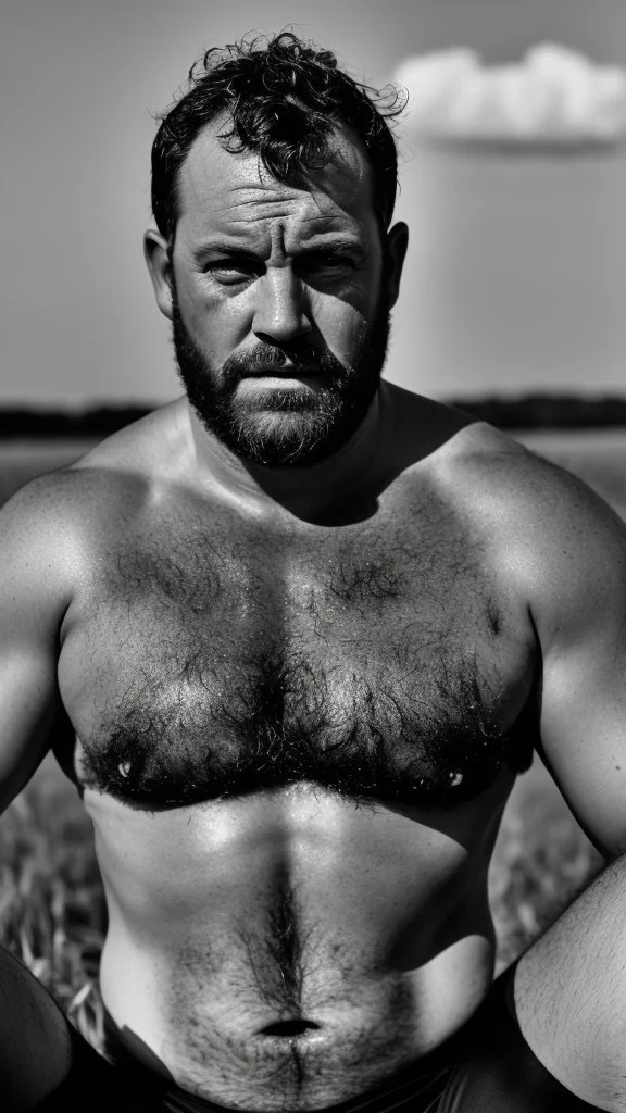 close up photography of a relaxing tired burly beefy neapolitan farmer 50 years old under the sun sitting down in a wheat field, dirty, ugly, manly chest, sweat, with the shirt open, boxer, bulge, view from top, 35mm lens , misery and poverty, countryside,