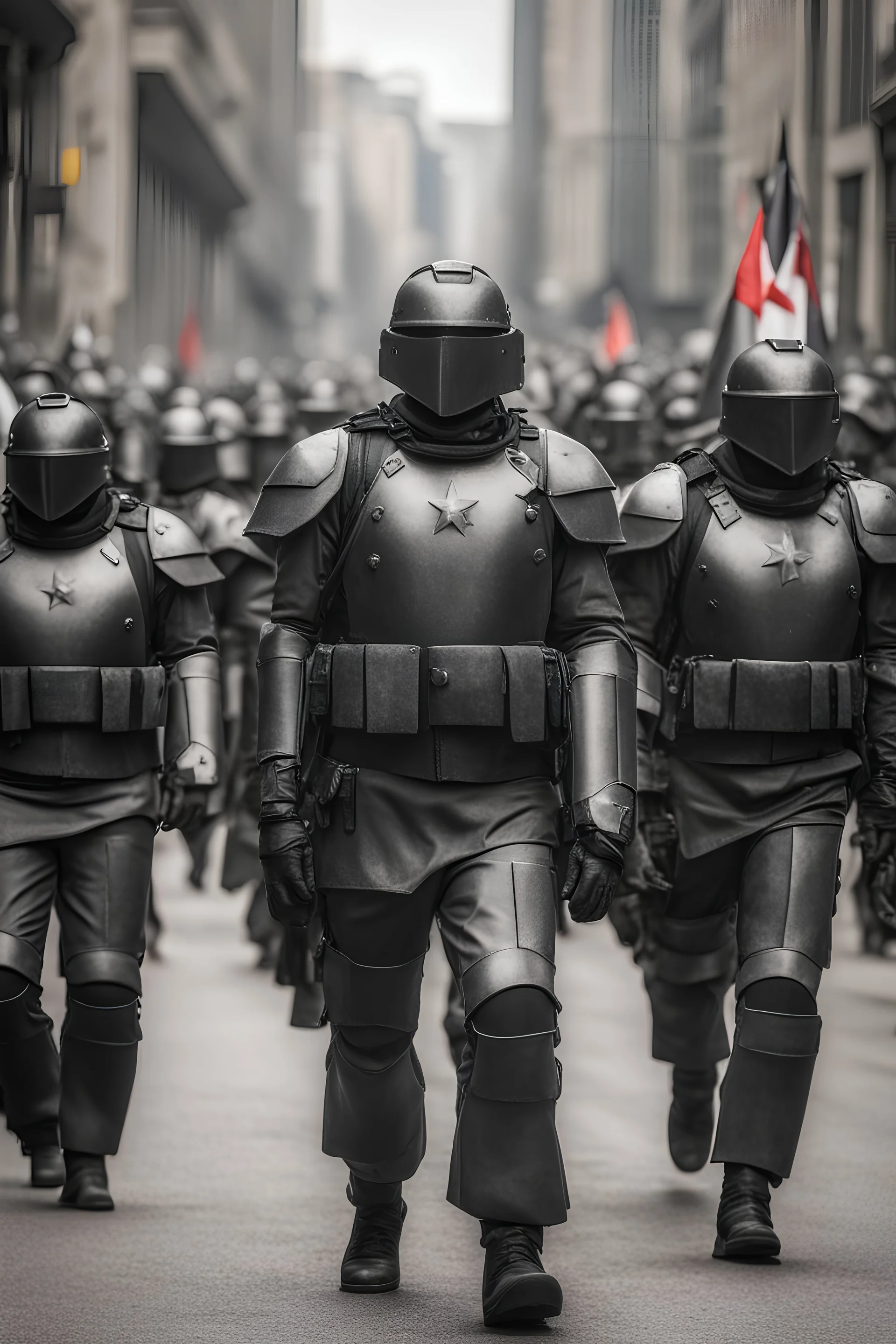 Totalitarian Army marching. Full body armor with an emphasis on uniformity and Collectivism.