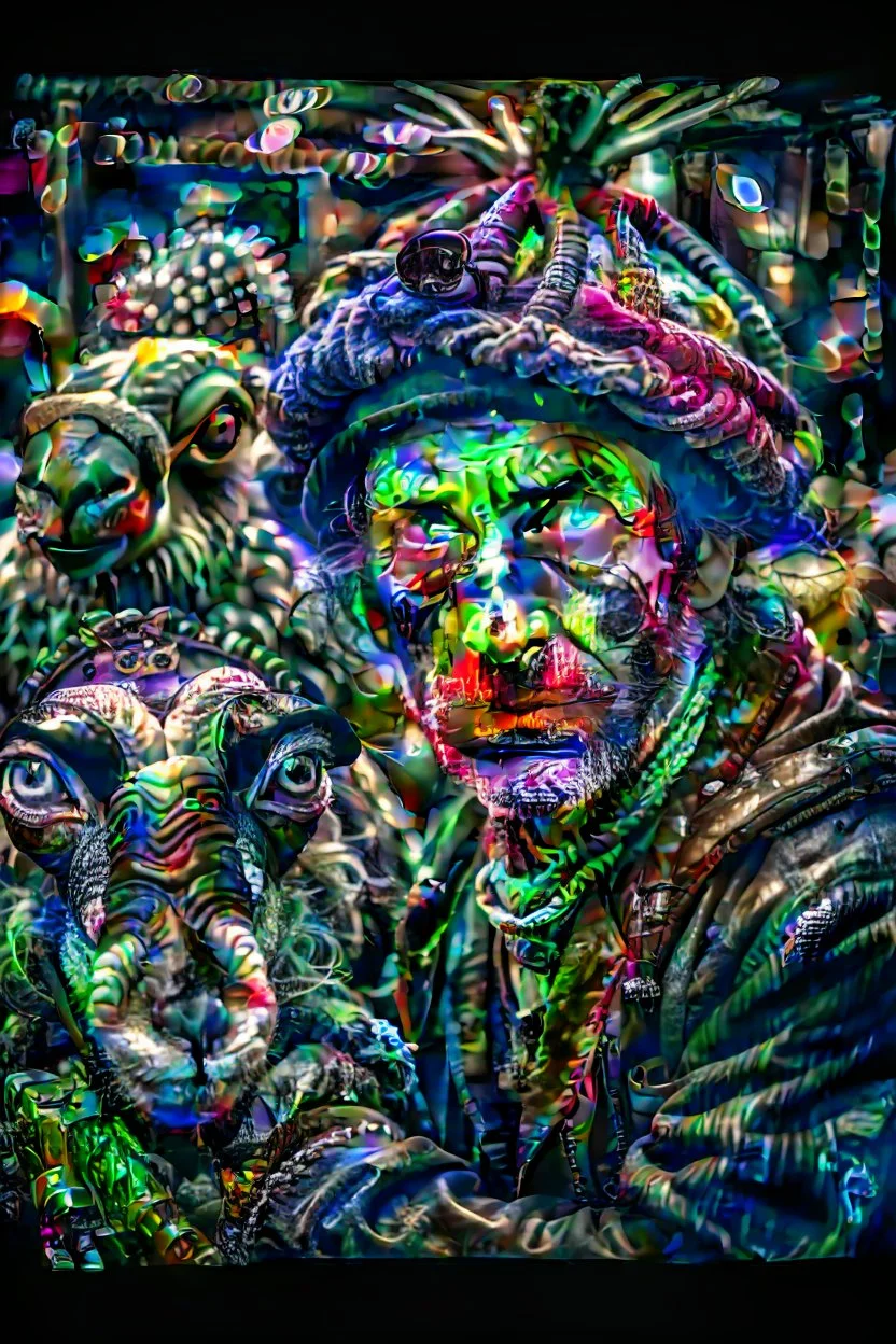 a big portrait of a broken head mechanic, man is eating a hybrid mixed body part sheep, super giant eyed sheep alien style grey H.R giger look, detective goat master beast riding a bike through crowded market place, 50mm lens vintage