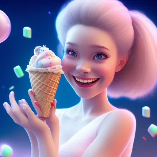 cute, adorable, smiling girl eating ice cream, candies flying all around her, Pixar, disnet, cinema lighting, gaming, 8k, magic, love --q 1 --v 4