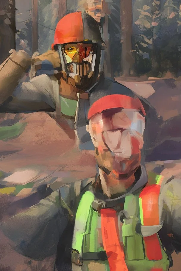 Red vested TF2 engineer with yellow hardhat taking a selfie at the forest