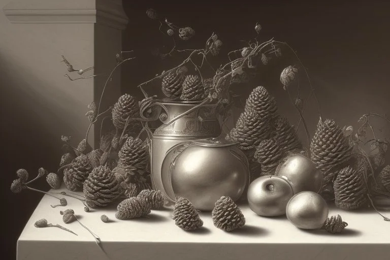 a realistic still life graphite drawing of pine cones in the classical style of Pieter Claesz, Jan Jansz. van de Velde and Anthonie Leemans