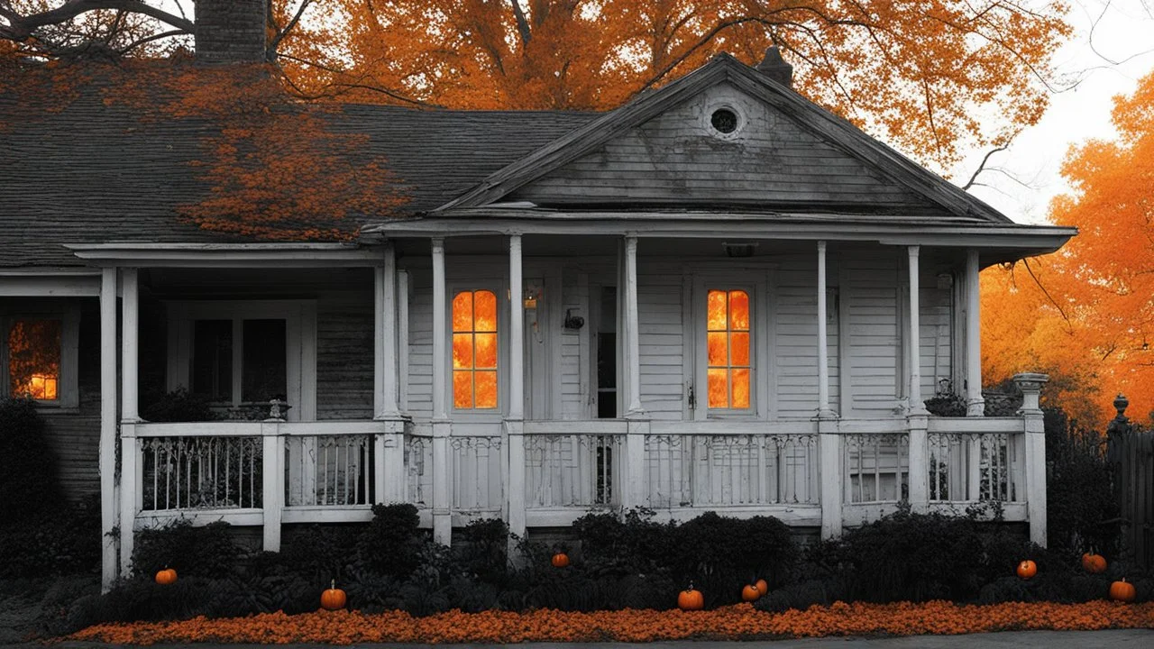 [she is waiting with a smile on the doorstep] The old house at the end of the street looked as though it had stepped out of another century. Orange lights flickered along the porch railing, and carved pumpkins glowed with crooked grins beneath the autumn dusk. She was perhaps in her forties, poised and self-assured, the kind of presence that drew attention without asking for it. Her costume was unmistakably that of a witch—though there was nothing cartoonish about it. A deep black dress clung el
