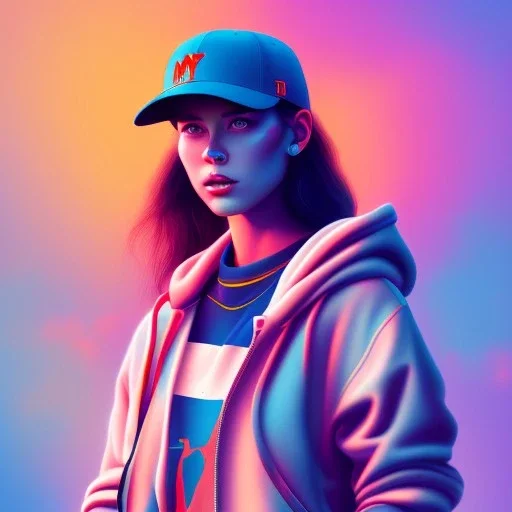 a girl wearing a baseball cap holding a small boombox in her hand, full shot. paint splashes, outrun, vaporware, shaded flat illustration, digital art, trending on artstation, highly detailed, fine detail, intricate