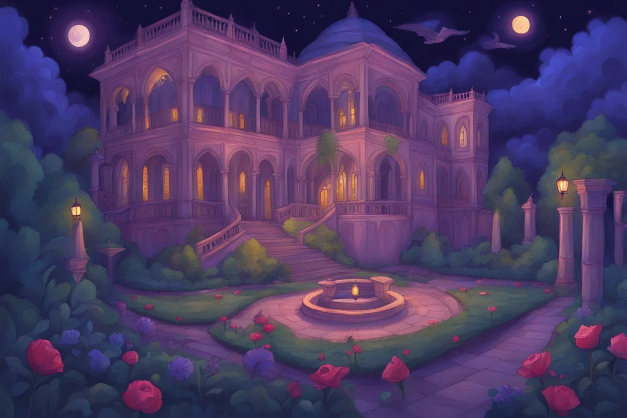 at night in the garden of the Palace of Good and Evil by artist "Tittynope"