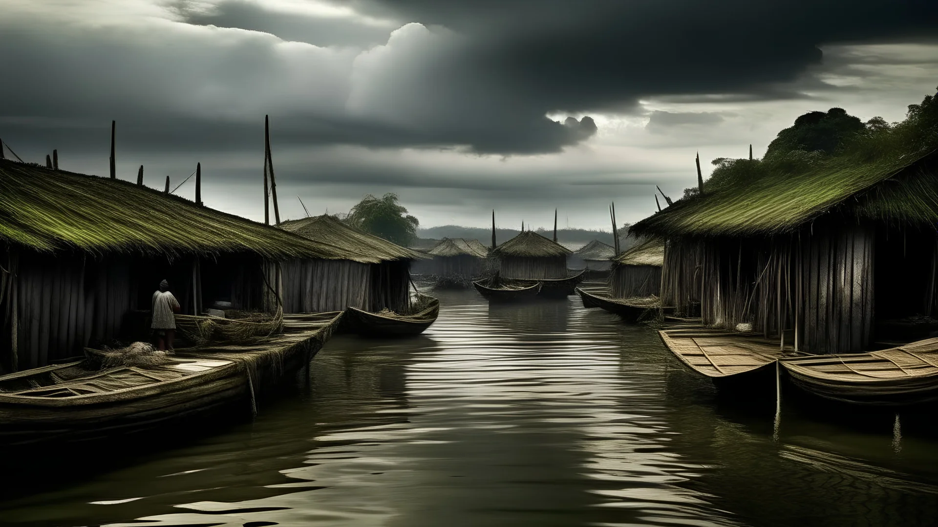 A hauntingly beautiful scene of a floating shanty town on a serene lake, with wooden houses precariously connected by narrow, rickety bridges. The tranquil waters are disturbed by small fishing boats navigating the area, while fishermen cast their nets amongst the lush trees and aquatic plants. The atmosphere is a delicate balance between peace and impending danger, as dark clouds gather in the sky, foreshadowing a possible storm.