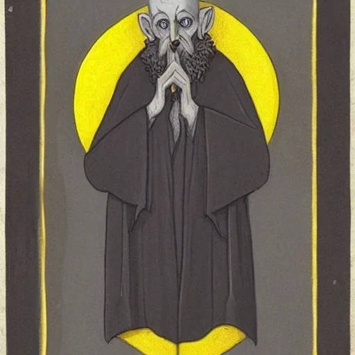 Nosferatu with four yellow eyes with tentacle beard grey skin and vampire fangs as a Russian Orthodox bishop