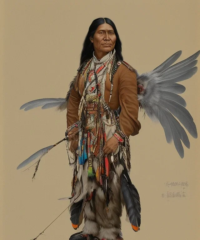 chaman, native american warrior, mature, long black hair, black fabric coat like wings