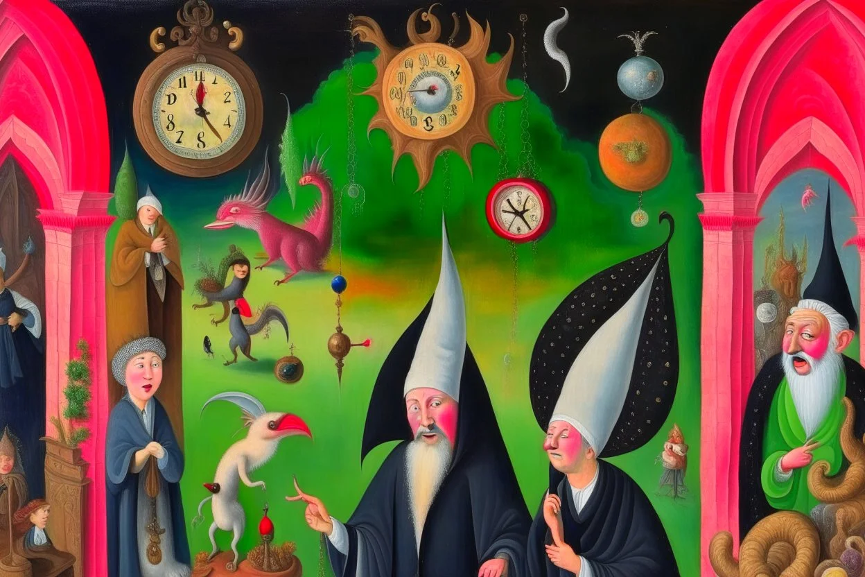 a poster with oriental people and a clock, in the style of otherworldly beings, hieronymus bosch, trompe-l'œil illusionistic detail, necronomicon illustrations,