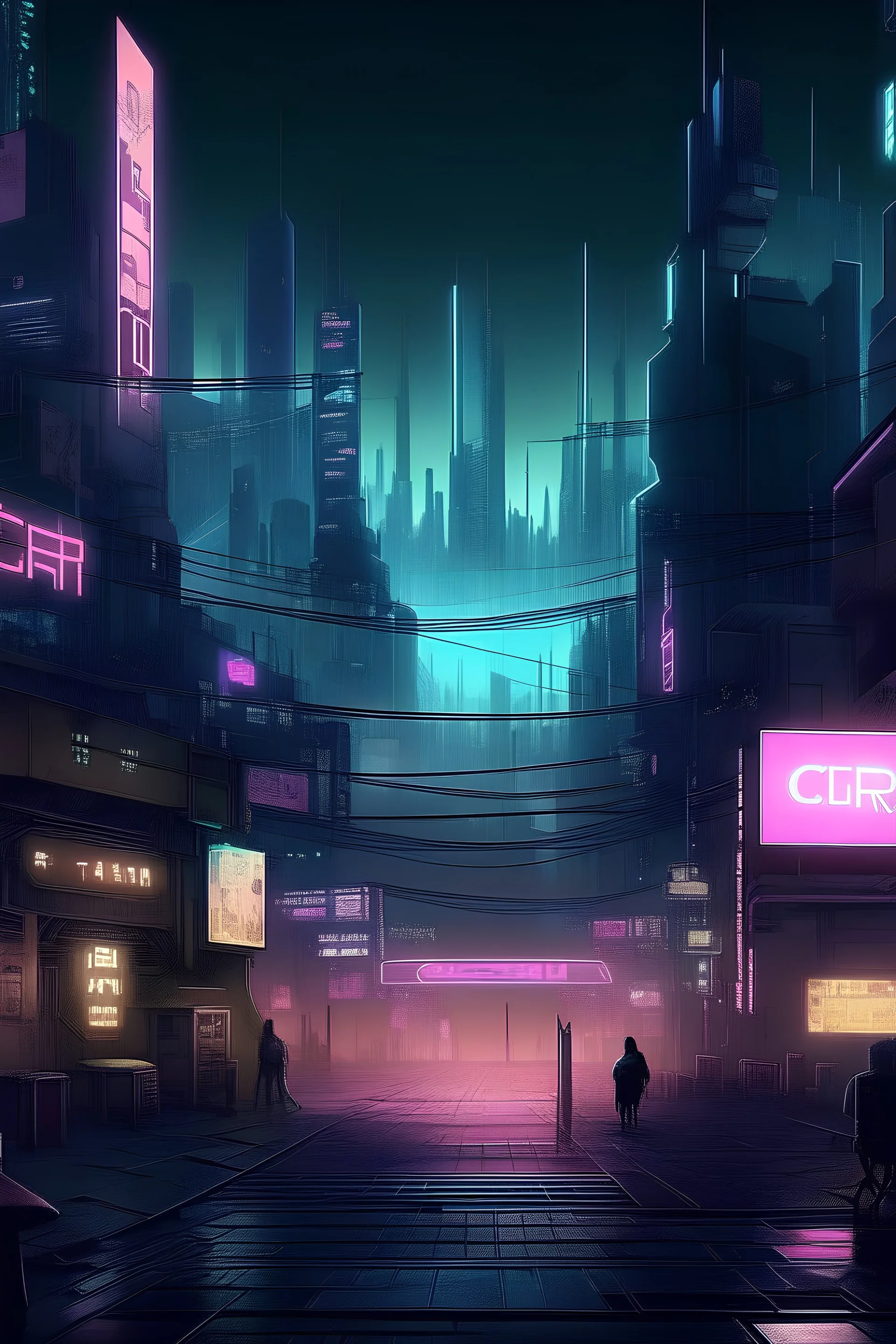 cyberpunk night time city with the word cyber hidden in it