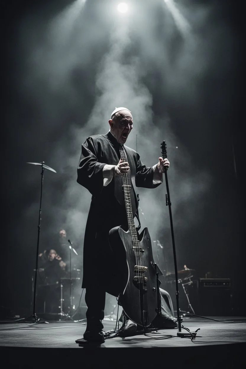 papež hraje na pódiu v blackmetalové kapale na baskytaru a řve do mikrofonu, ponurá atmosféra, veliká scéna koncertu, pentagram, obrácený kříž, veliký kontrast, hodně detailů, fotorealistické, RAW