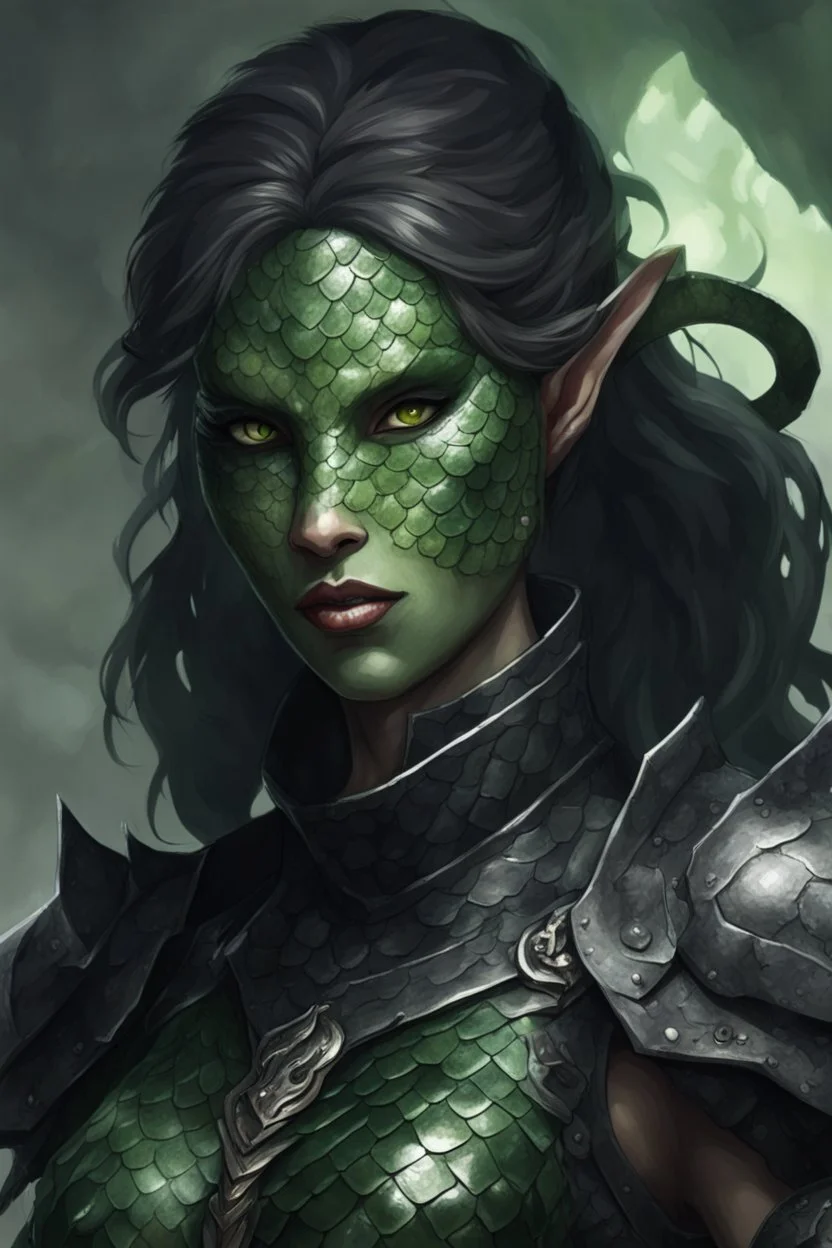 female snake humanoid, full body, wearing a black leather armor, green scales on the face, dungeons and dragons