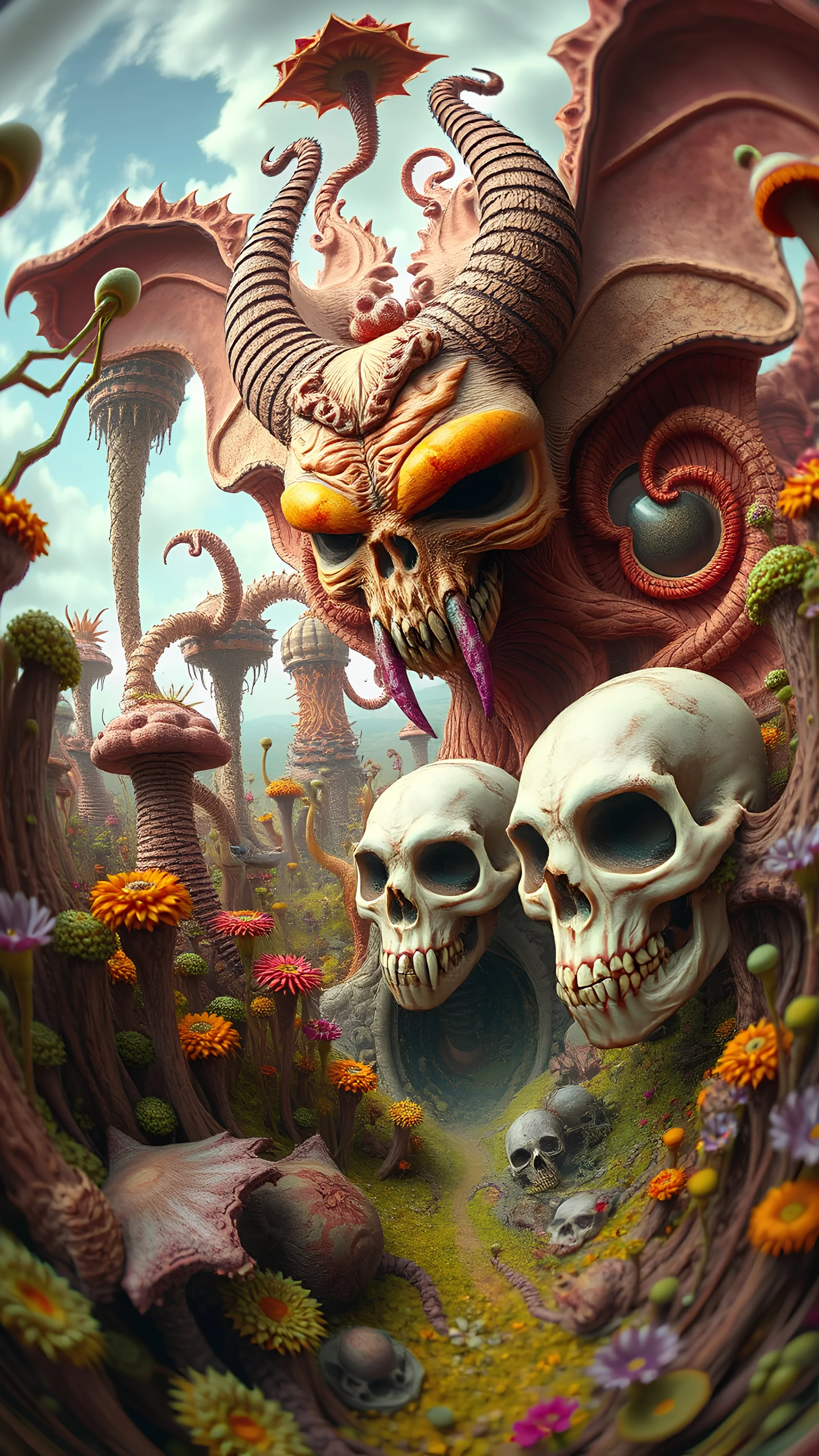 colorful ultra detail a surreal and fantastical landscape filled with organic shapes that resemble faces devil , carnivor plants and skull, intertwined with vegetation-like structures. The color palette should consist of earthy tones, with intricate details that give each element a distinct character, evoking a sense of otherworldly eeriness similar to the provided picture. low angle fish eye lens