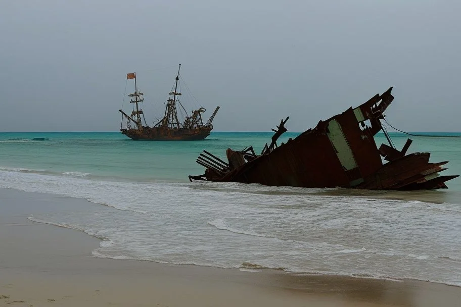 A shipwreck on a beach that has a camp on it