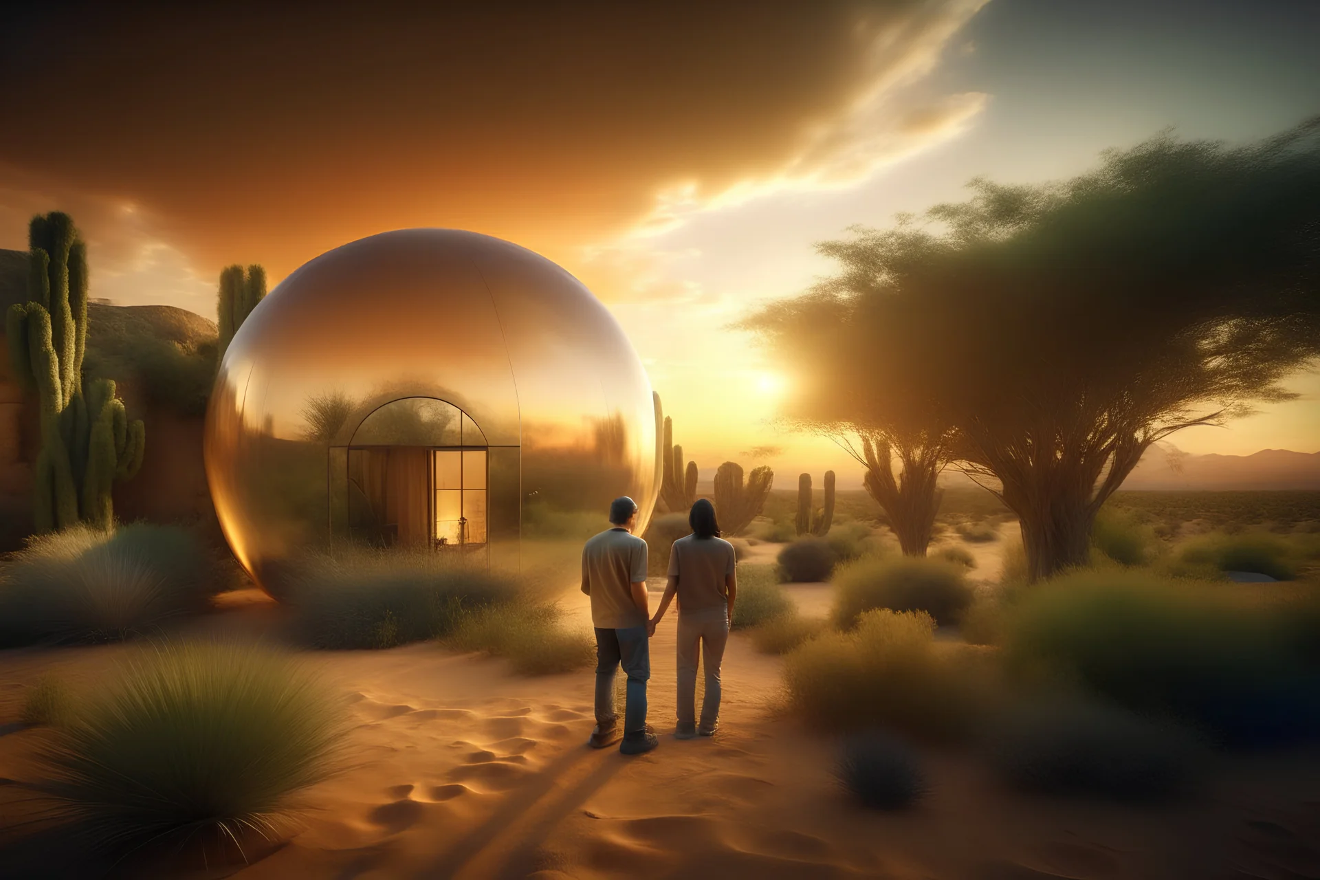 Hyper-realistic photograph of a desert landscape, with a couple holding hands with their backs to each other in front of a bubble-shaped house, glazed, with lots of greenery inside, dreamlike, sunset light, renaissance lighting, hyperrealism, 8k