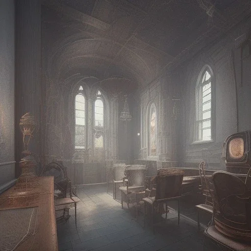 on old church interior where people are crying, scary, steam punk, realistic, made in octane, cinematic, ultra-realistic, extremely detailed octane rendering, 8K, VRAY Super Real ar 2:3, dof photorealistic futuristic 50mm lens hard lighting dark gray tintype photograph, realistic lighting