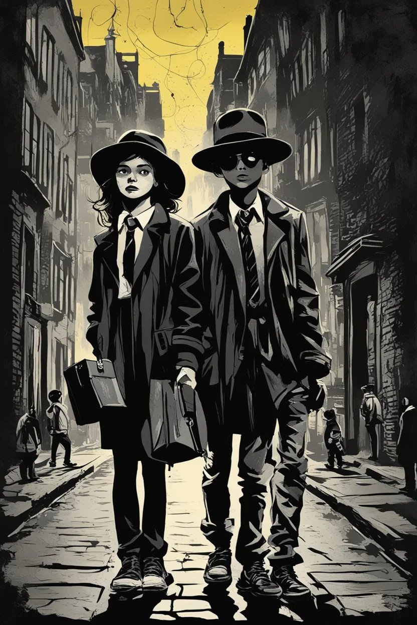 Design a detective book cover for teenagers. A teenage girl in the centre and two boys on her sides are on the town street. Black Cat as a company. Banksy style, pop art style, dark mood, mysterious atmosphere