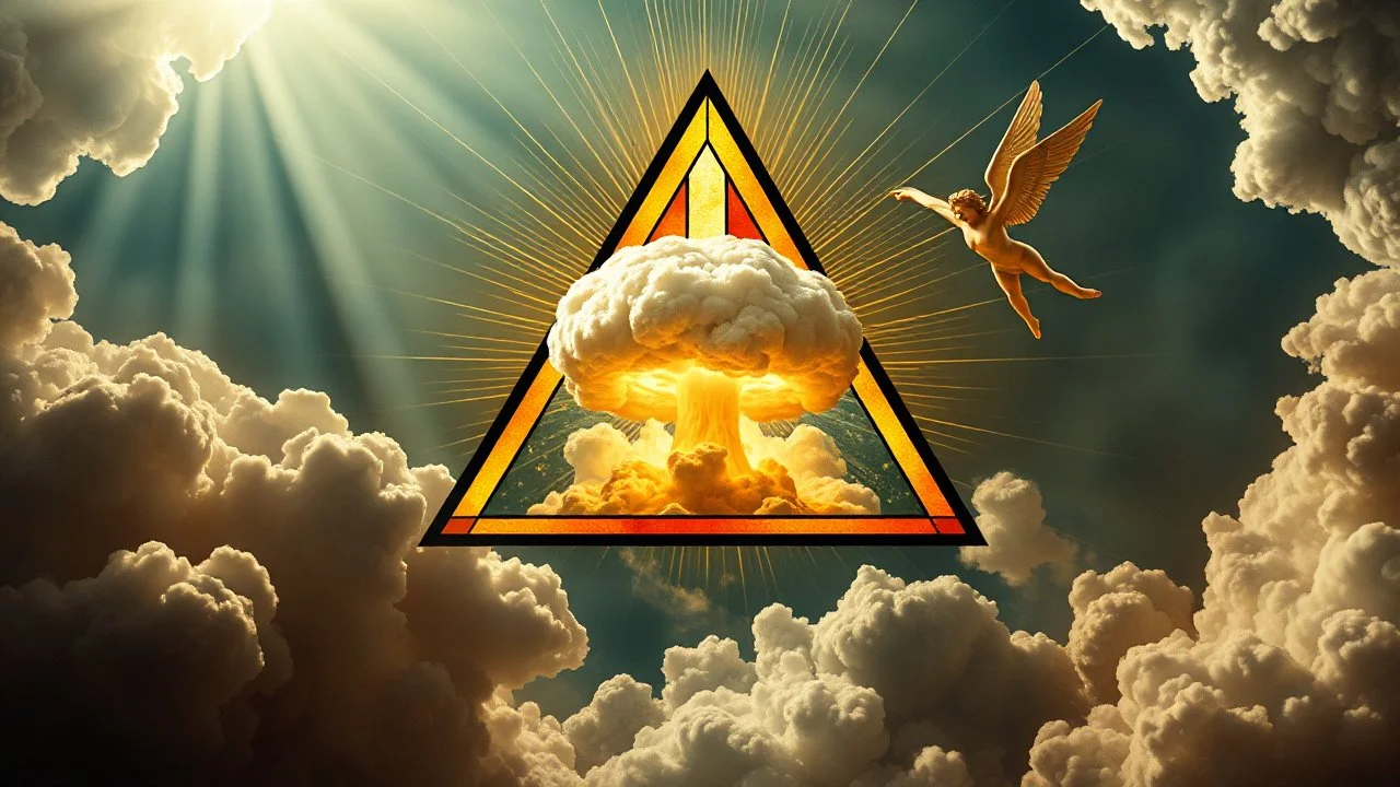a nuclear explosion cloud(middle) framed from behind by a triangle of stained glass surrounded by radiant lines from the center, the wind and smoke from the explosion forming shapes of attractive dancing women(bottom) and cherubs(top) in the clouds, religiose art, angelic light