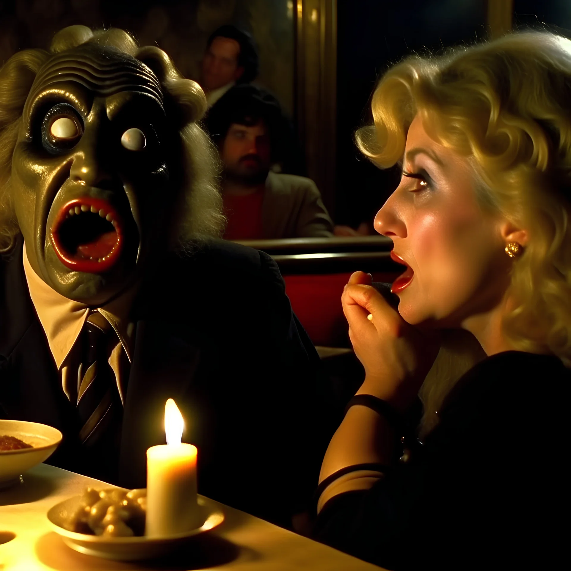 Spooky, ultra realistic distress, dining, ultra realistic hot woman, nose, giant nose, organic hot bondes, dynamic, anguish, excited and lively scene, hypermaximalist figures, Creepy the Ring Alfred Hitchcock, Sam Raimi, insanely detailed, sinister, John Carpenter, Dario Argento, ornate