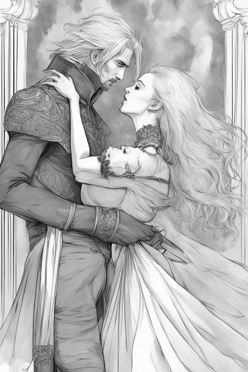 Strahd Von Zarovich being kissed on the neck by a beautiful woman with white hair, wearing an off the shoulder dress. Settling and background are a lavish toomb with an ebony coffin.