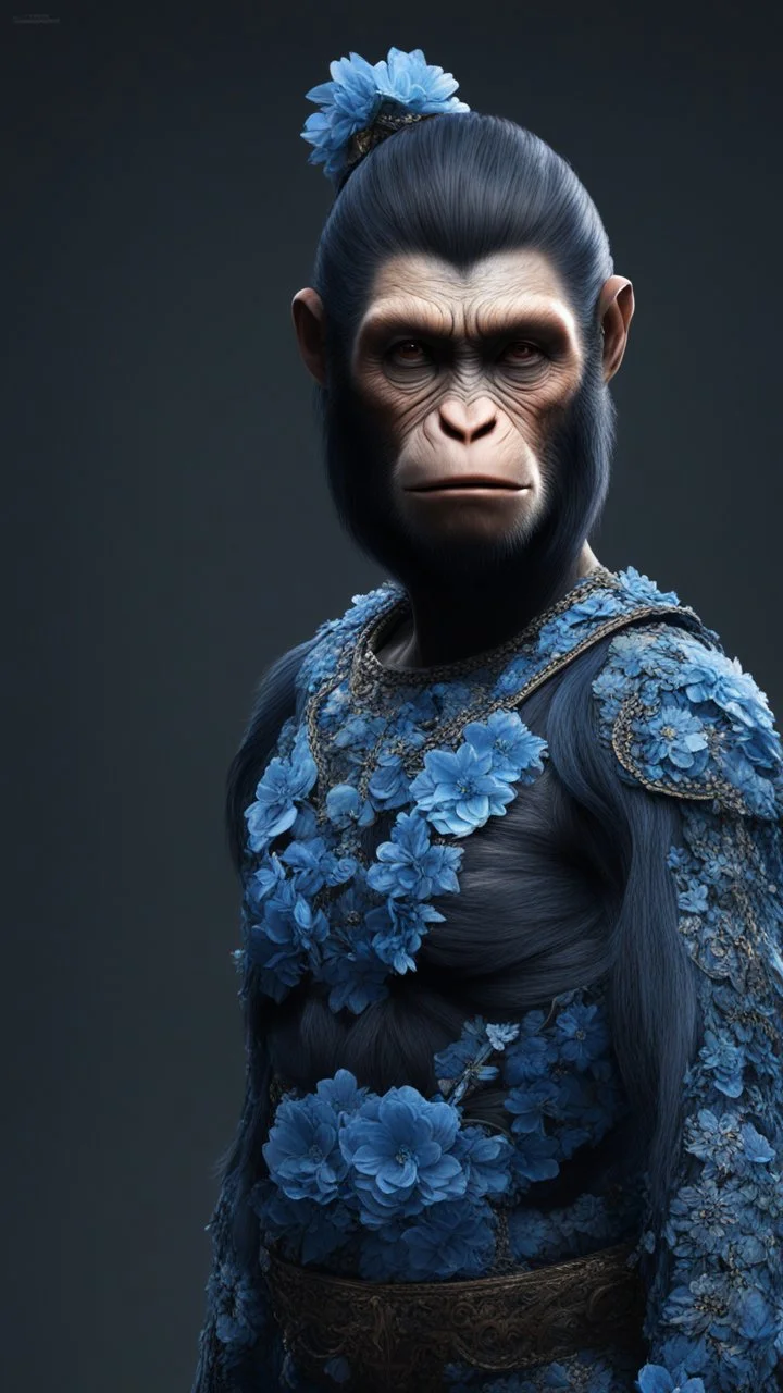 mugshot, Planet of the Apes, blue, large, floral designs, atmospheric, beautiful, China Doll, , dark background, mid shot, full body, neutral expression, buzzcut hair, ultra realistic, highres, superb, 8k wallpaper, extremely detailed, intricate, limited palette,