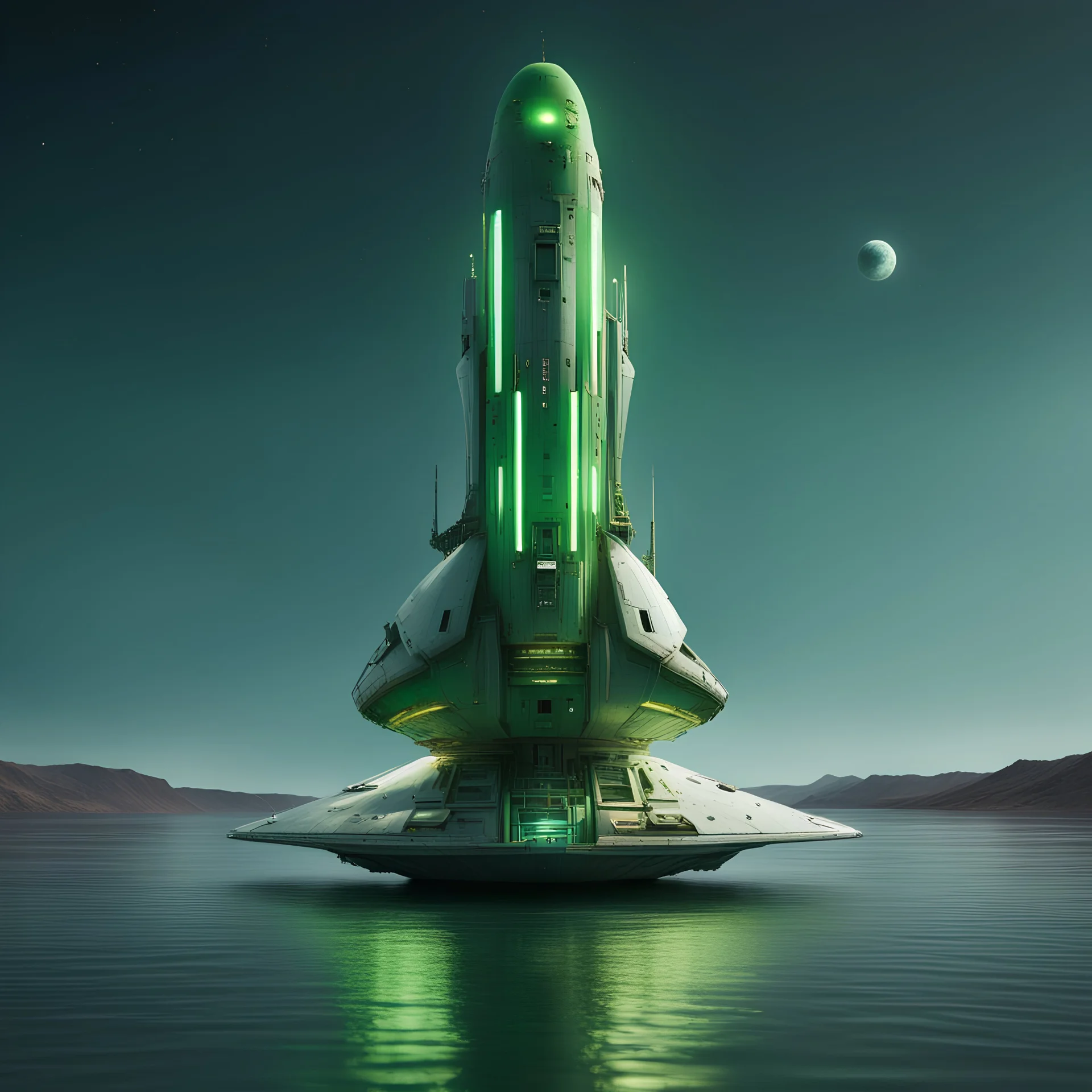 Tall vertical thin large detailed space ship floating on wide River very small green hull lights, Daylight, antennas, ,very small green hull lights , stopped, , luminescent , 35 mm focal length