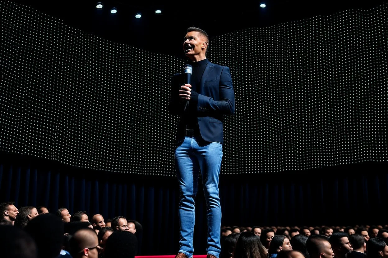 A picture of a speaker standing on a stage looking confident and excited as he speaks to a large audience.