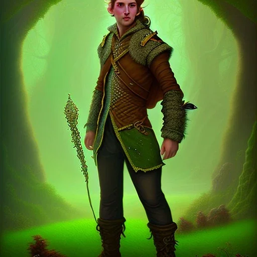 spray painting fantasy art from middle earth, portrait cute bard thief with dark green pants standing in portal to desert world from forest world with wind,poetry book illustration