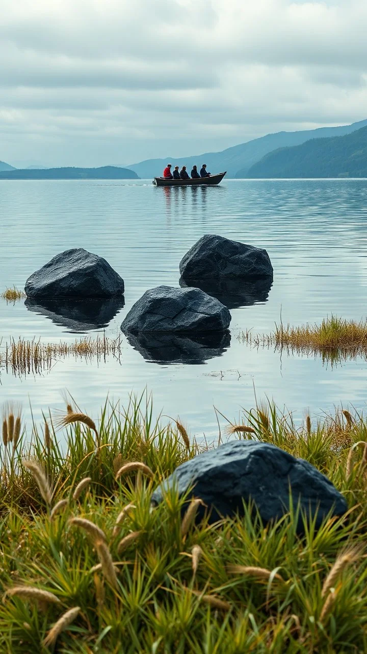 A 3 black granite stones randomly located on a lake bank with barley and grass around the stones, a boat with four people are raw the boat from a distance, great picture with high quality , 4k